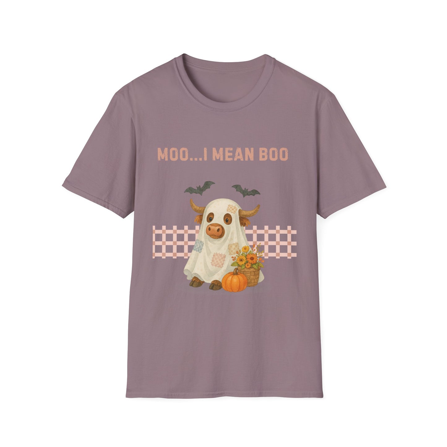 Halloween Highland Cow MOO I MEAN BOO T-Shirt, Cute patchwork ghost highland cow. Fall, Western, Halloween T-Shirt.