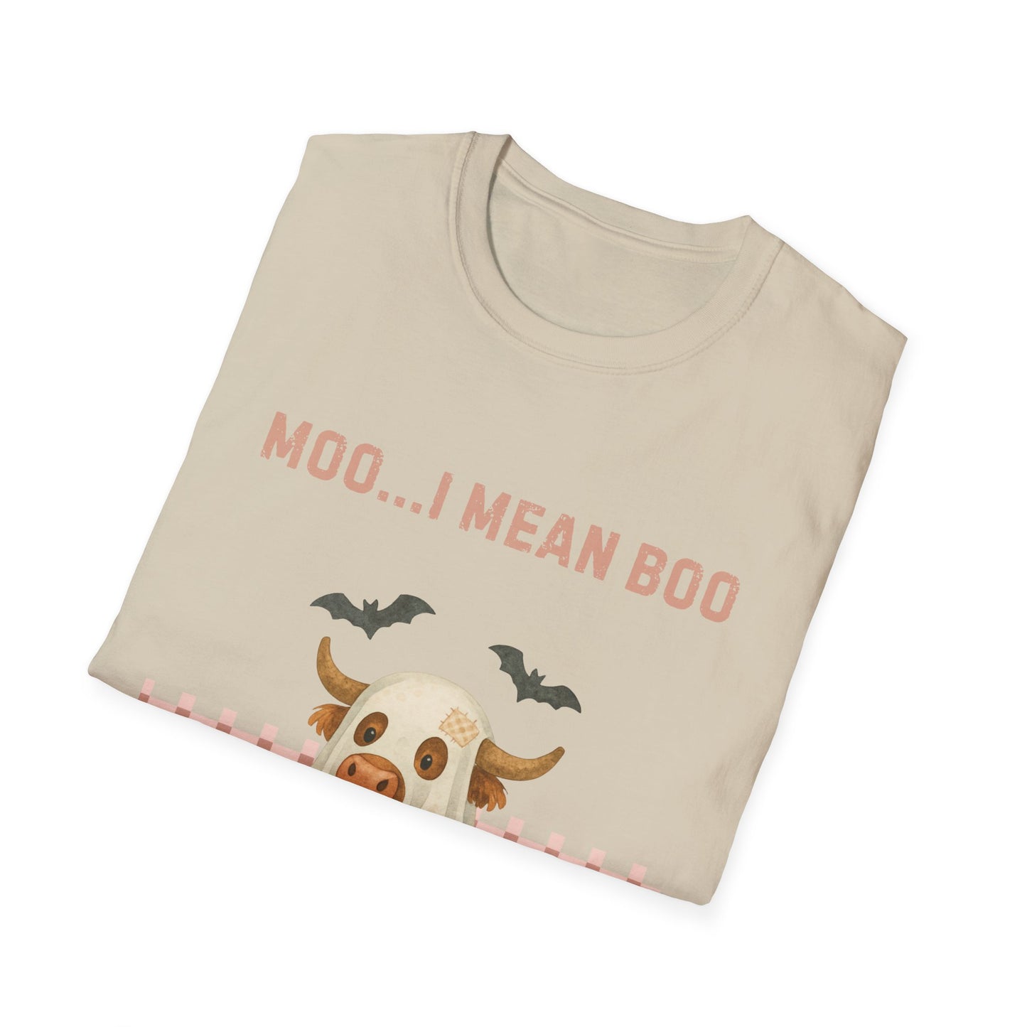 Halloween Highland Cow MOO I MEAN BOO T-Shirt, Cute patchwork ghost highland cow. Fall, Western, Halloween T-Shirt.