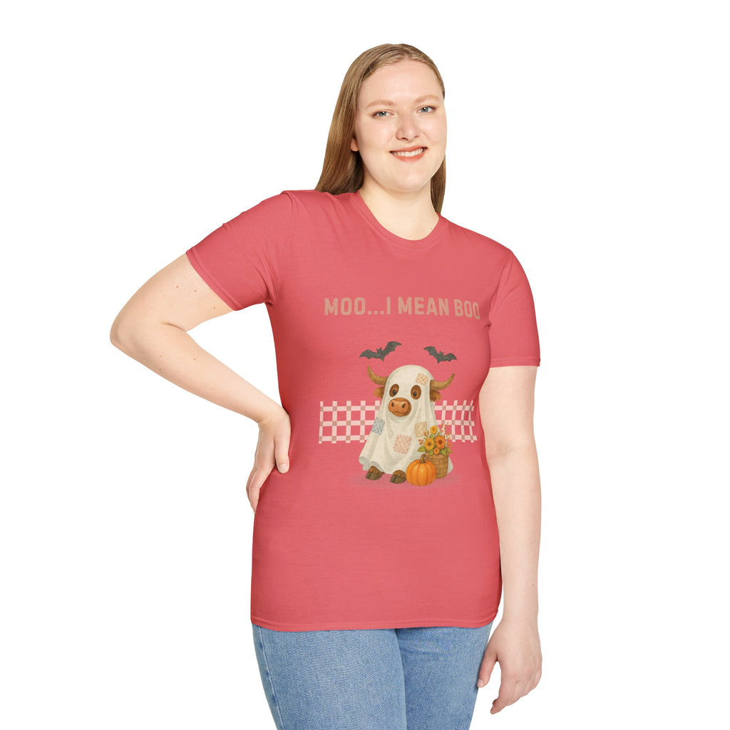 Halloween Highland Cow MOO I MEAN BOO T-Shirt, Cute patchwork ghost highland cow. Fall, Western, Halloween T-Shirt.
