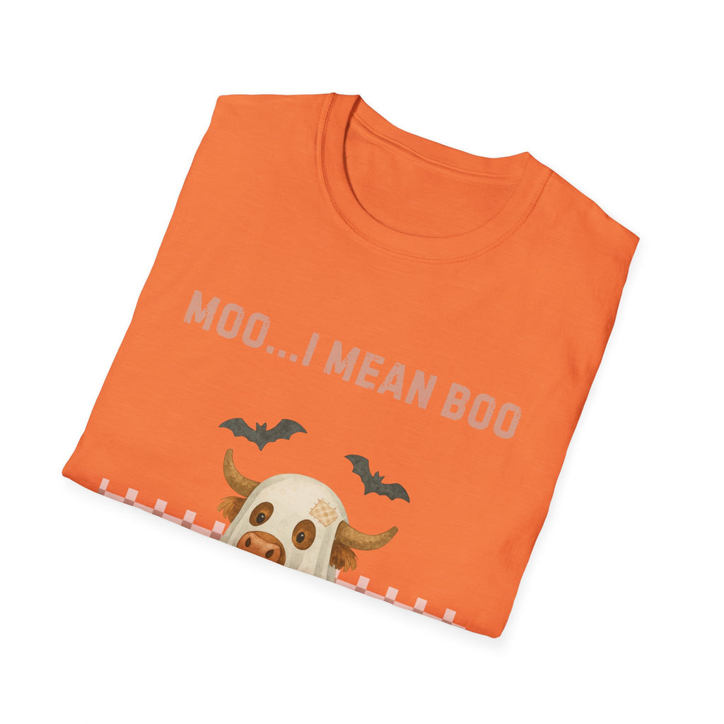Halloween Highland Cow MOO I MEAN BOO T-Shirt, Cute patchwork ghost highland cow. Fall, Western, Halloween T-Shirt.