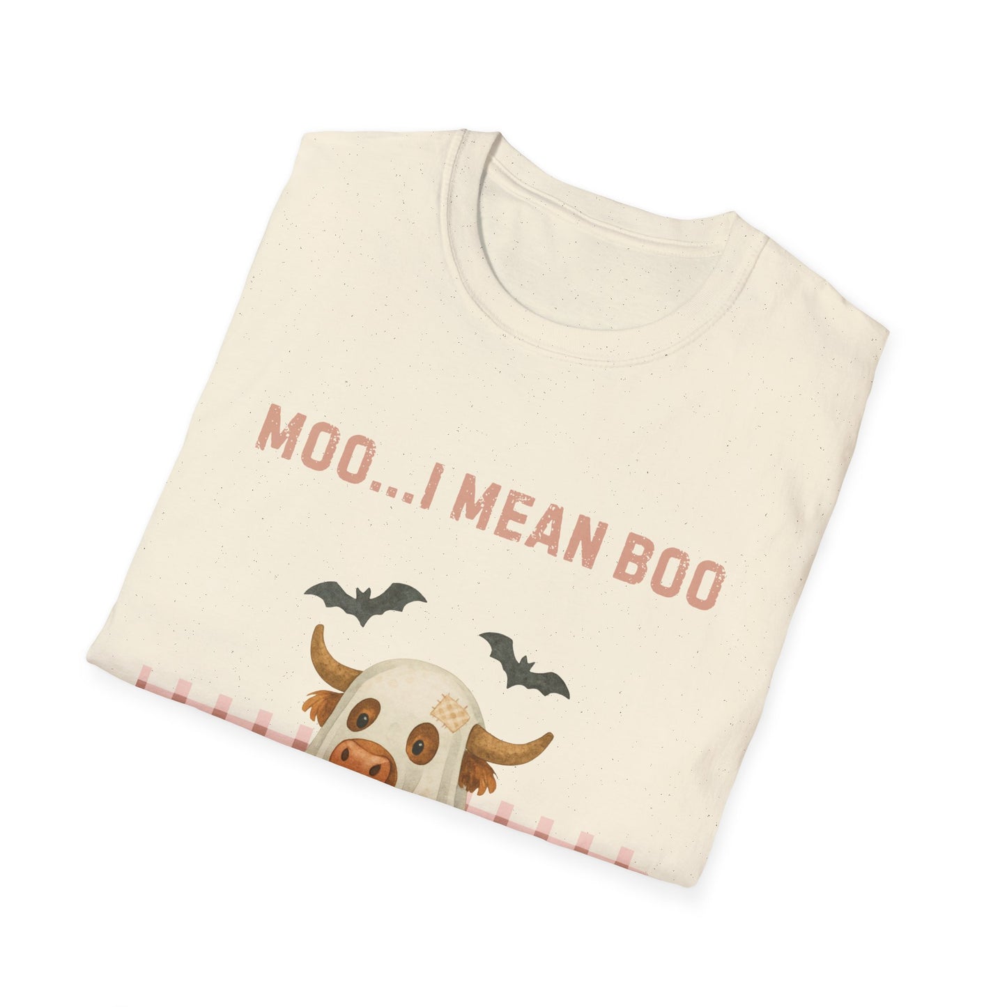 Halloween Highland Cow MOO I MEAN BOO T-Shirt, Cute patchwork ghost highland cow. Fall, Western, Halloween T-Shirt.