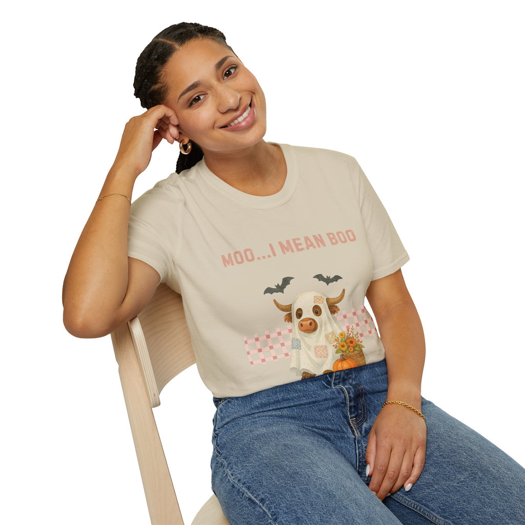 Halloween Highland Cow MOO I MEAN BOO T-Shirt, Cute patchwork ghost highland cow. Fall, Western, Halloween T-Shirt.