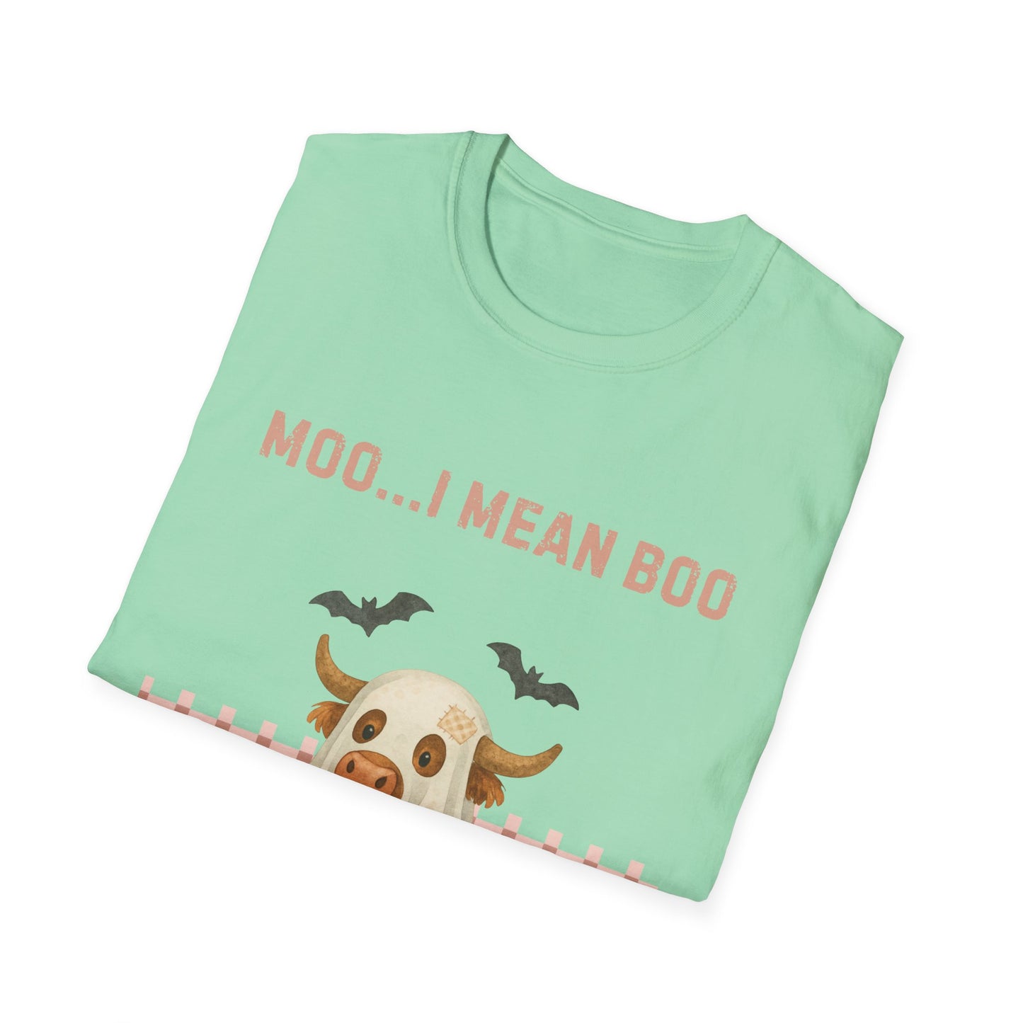 Halloween Highland Cow MOO I MEAN BOO T-Shirt, Cute patchwork ghost highland cow. Fall, Western, Halloween T-Shirt.
