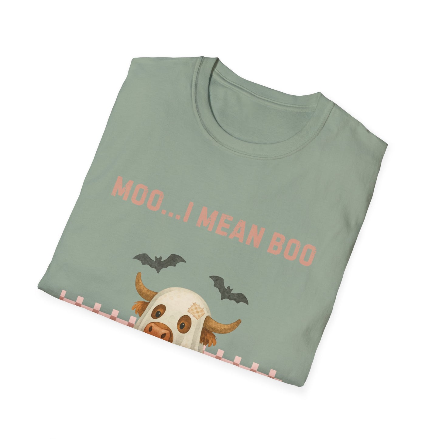Halloween Highland Cow MOO I MEAN BOO T-Shirt, Cute patchwork ghost highland cow. Fall, Western, Halloween T-Shirt.