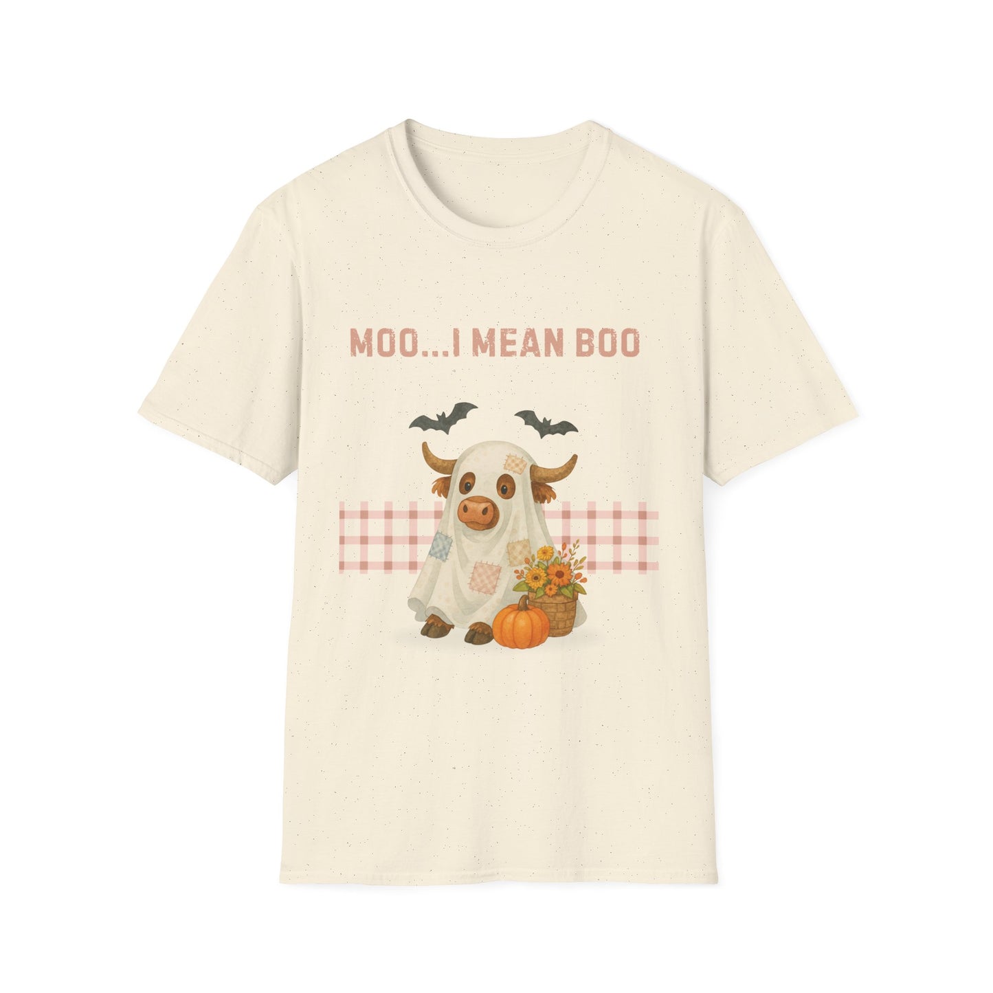 Halloween Highland Cow MOO I MEAN BOO T-Shirt, Cute patchwork ghost highland cow. Fall, Western, Halloween T-Shirt.