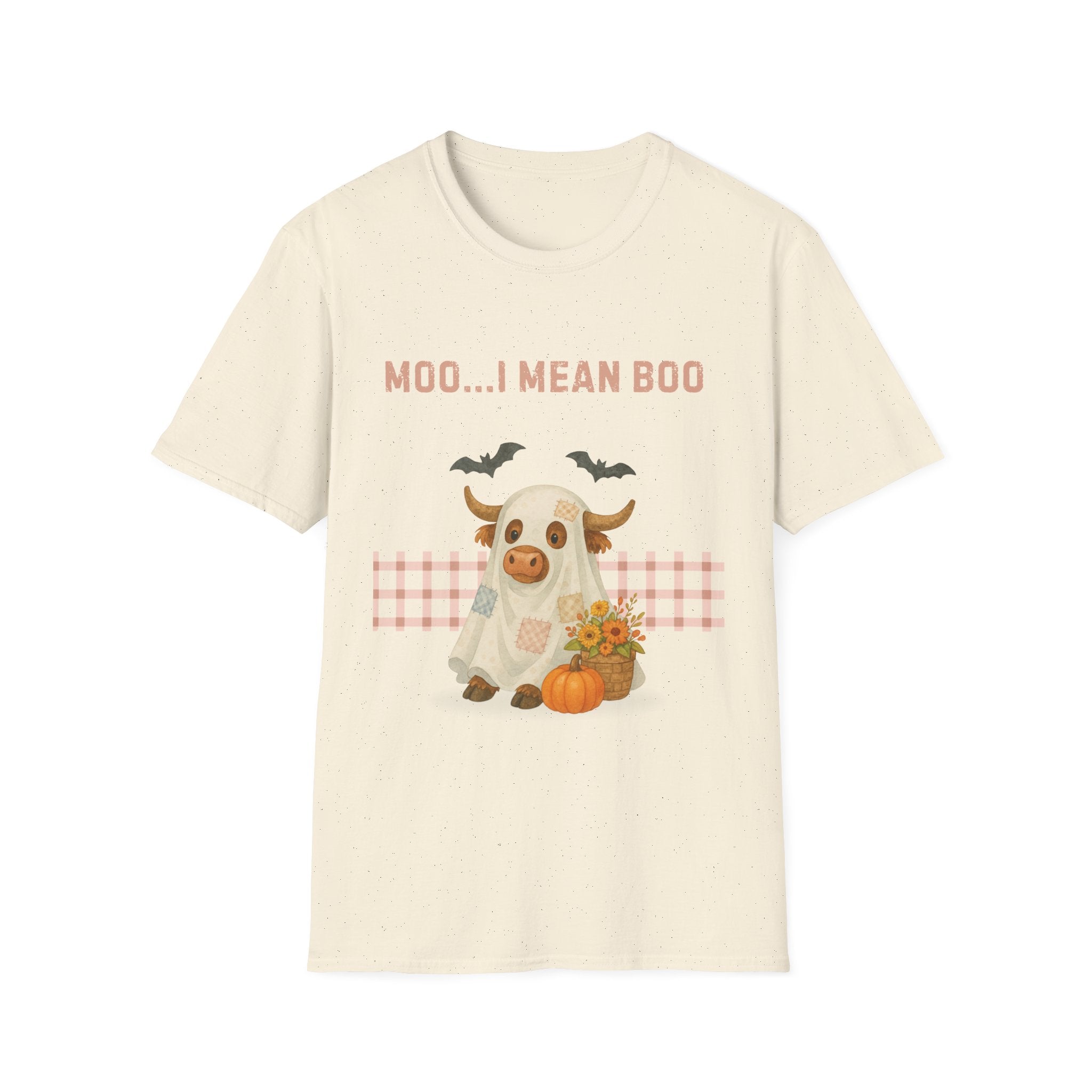 Halloween Highland Cow MOO I MEAN BOO T-Shirt, Cute patchwork ghost highland cow. Fall, Western, Halloween T-Shirt.
