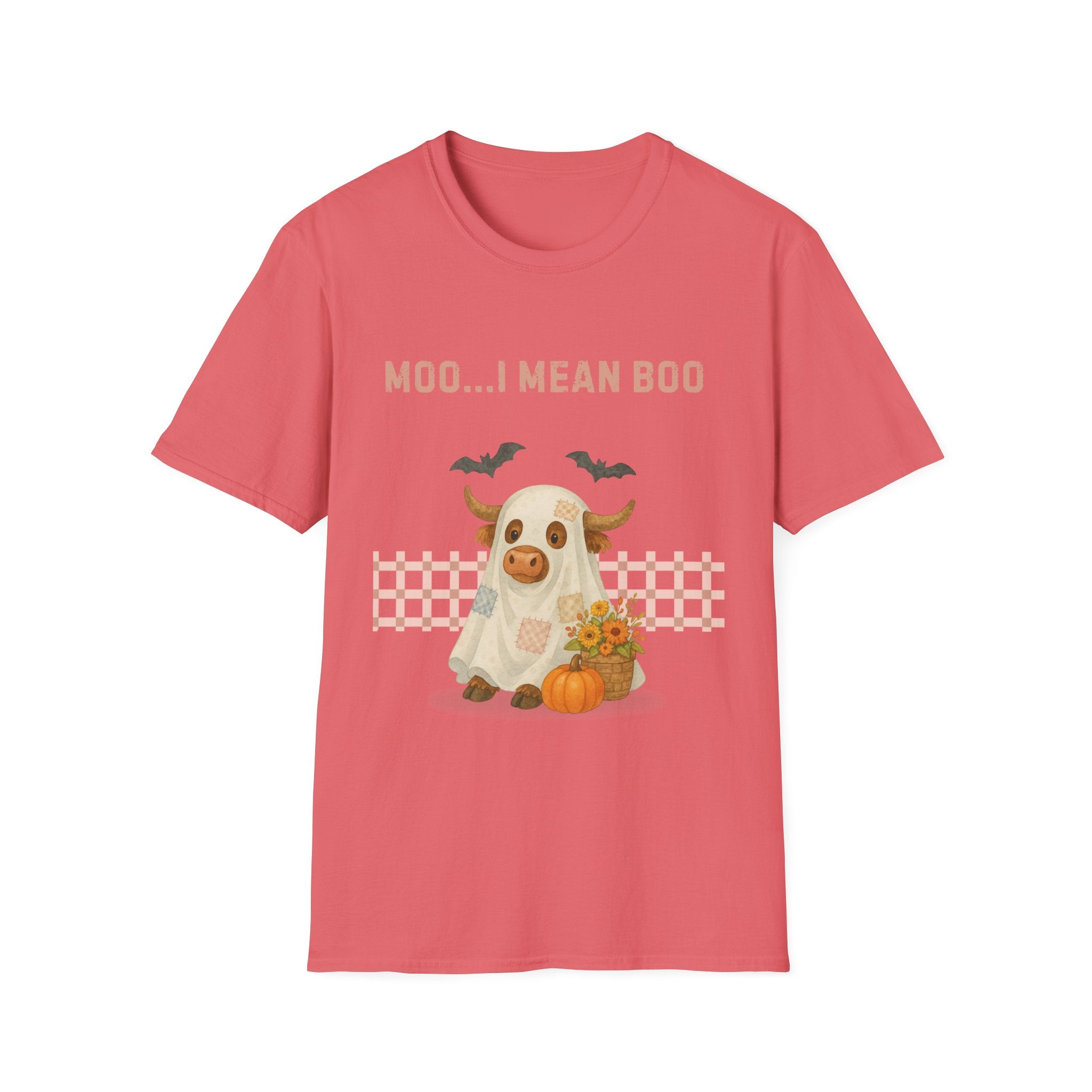 Halloween Highland Cow MOO I MEAN BOO T-Shirt, Cute patchwork ghost highland cow. Fall, Western, Halloween T-Shirt.