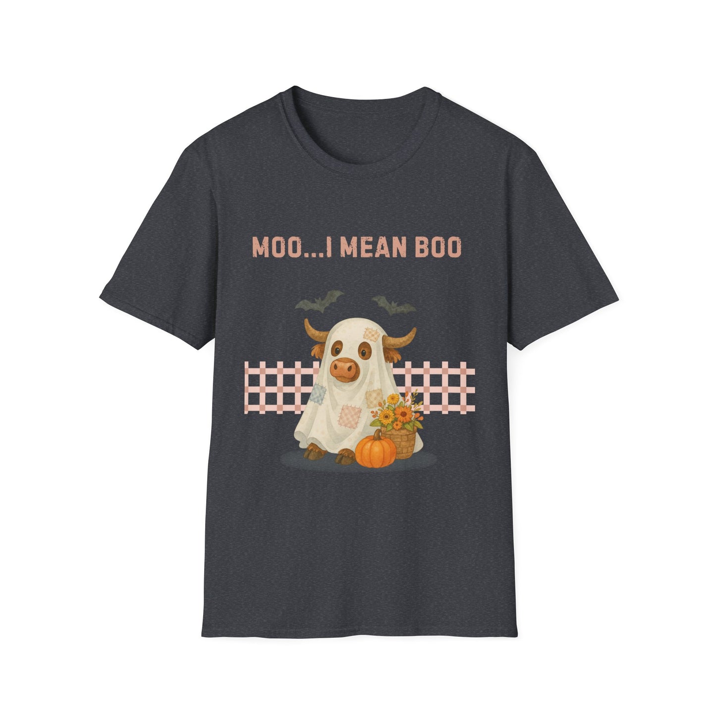 Halloween Highland Cow MOO I MEAN BOO T-Shirt, Cute patchwork ghost highland cow. Fall, Western, Halloween T-Shirt.