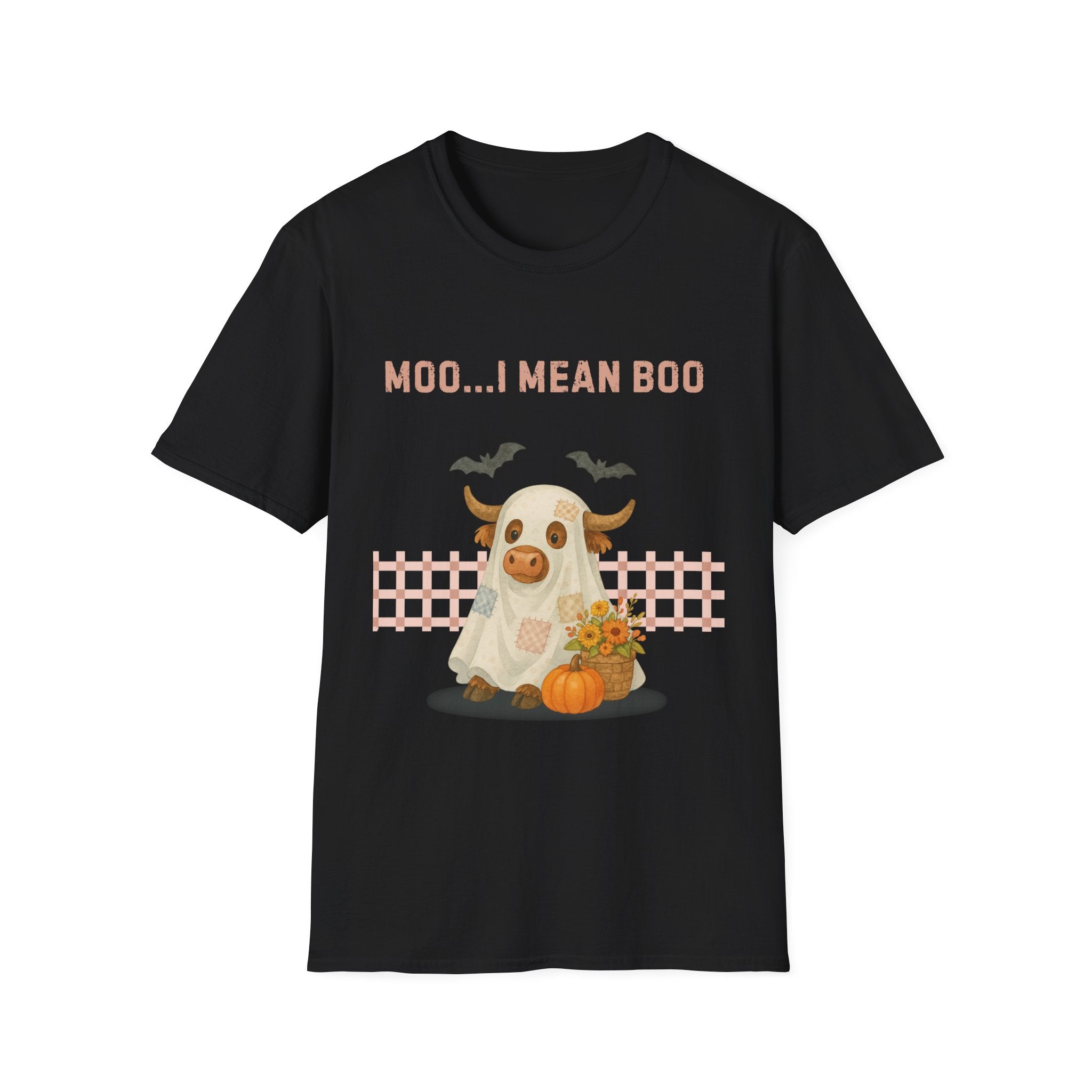 Halloween Highland Cow MOO I MEAN BOO T-Shirt, Cute patchwork ghost highland cow. Fall, Western, Halloween T-Shirt.