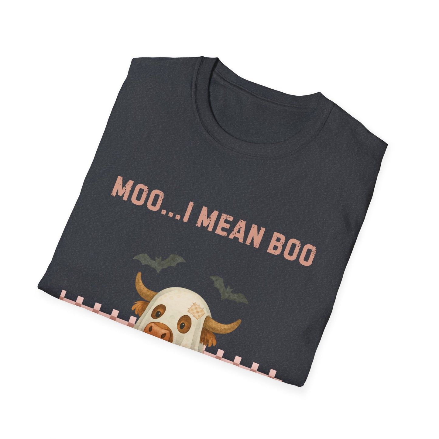 Halloween Highland Cow MOO I MEAN BOO T-Shirt, Cute patchwork ghost highland cow. Fall, Western, Halloween T-Shirt.