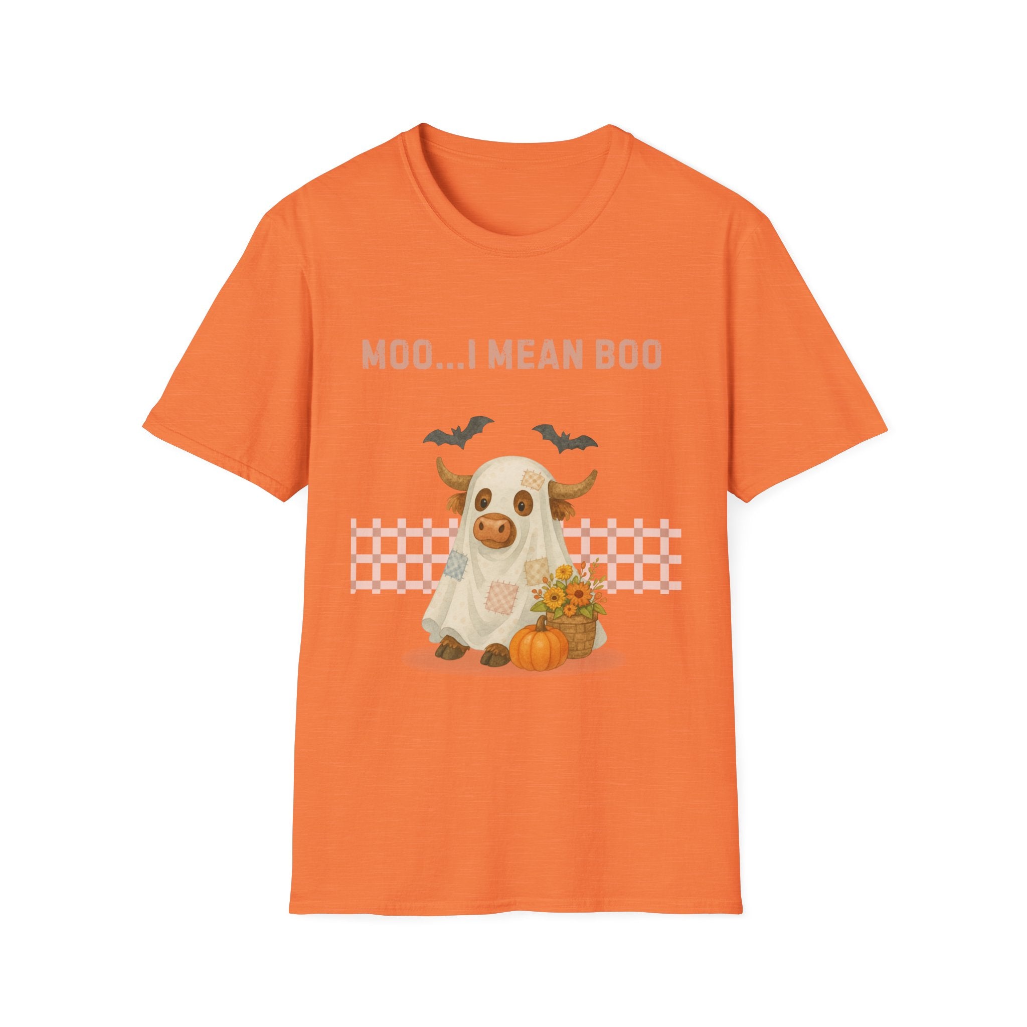 Halloween Highland Cow MOO I MEAN BOO T-Shirt, Cute patchwork ghost highland cow. Fall, Western, Halloween T-Shirt.
