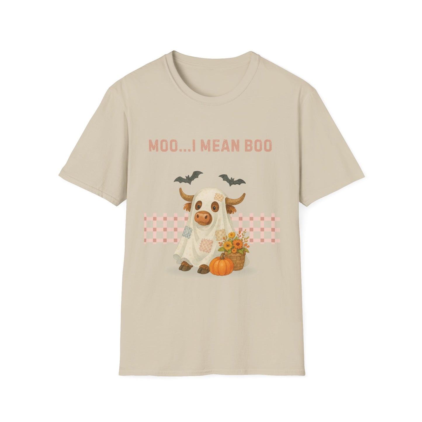 Halloween Highland Cow MOO I MEAN BOO T-Shirt, Cute patchwork ghost highland cow. Fall, Western, Halloween T-Shirt.