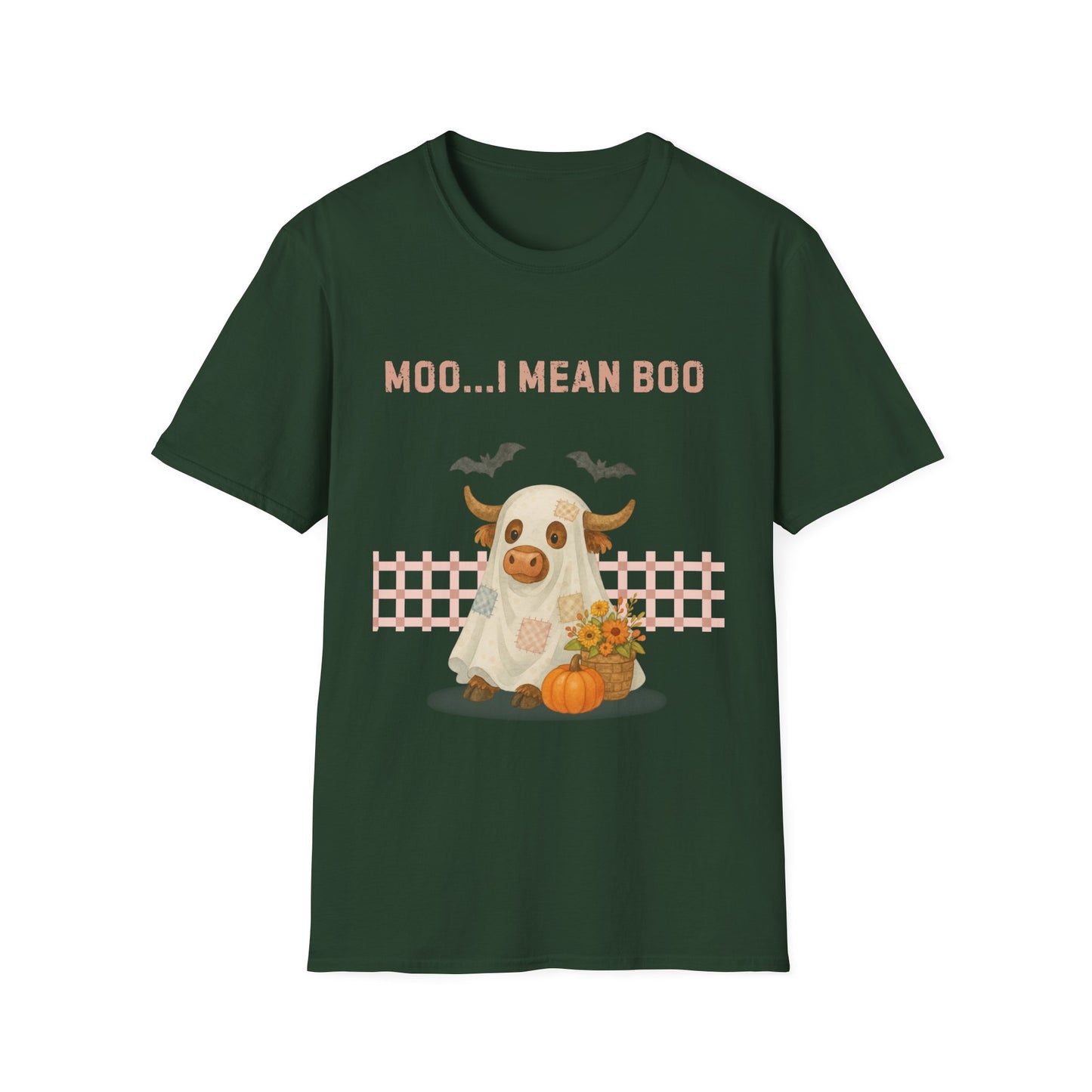Halloween Highland Cow MOO I MEAN BOO T-Shirt, Cute patchwork ghost highland cow. Fall, Western, Halloween T-Shirt.