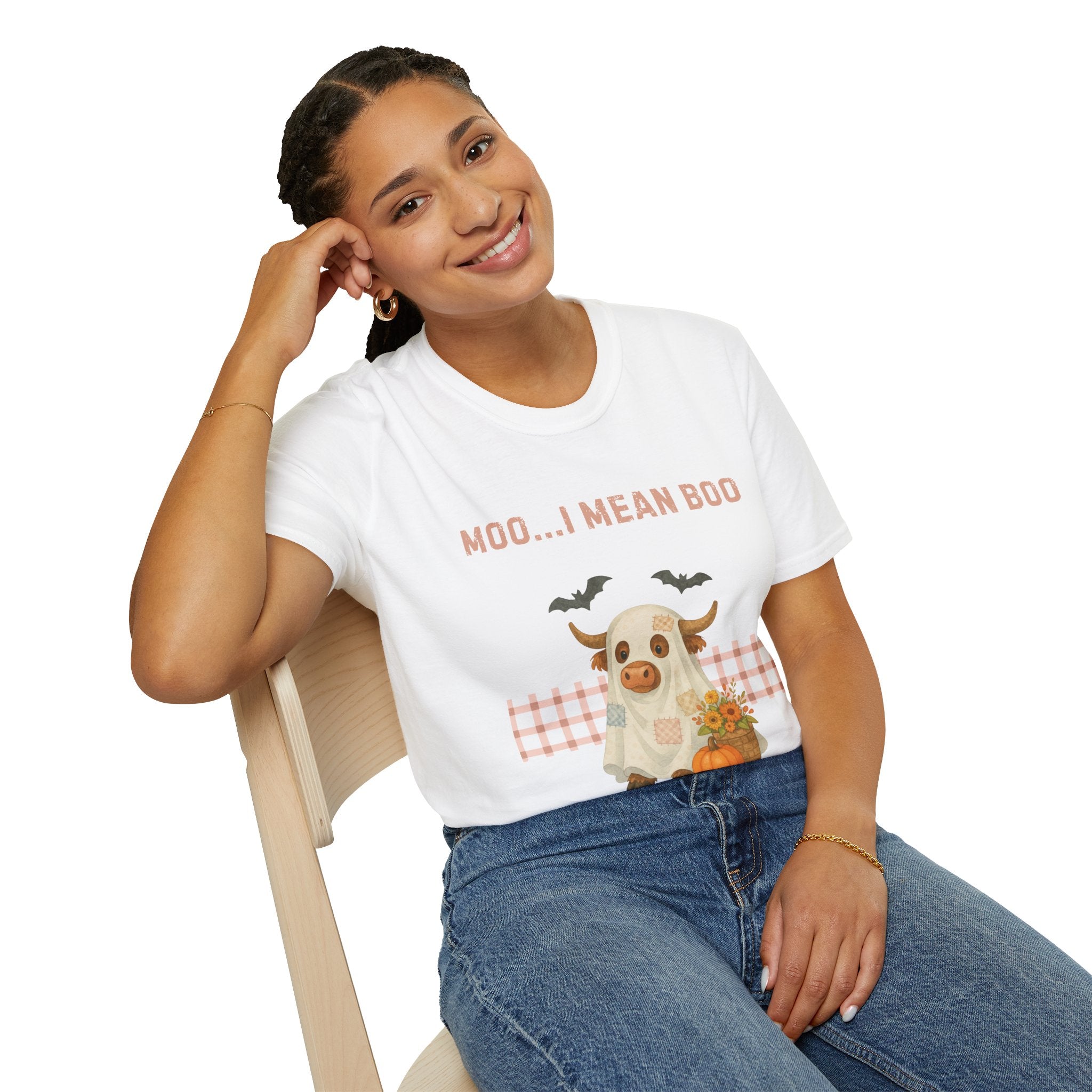Halloween Highland Cow MOO I MEAN BOO T-Shirt, Cute patchwork ghost highland cow. Fall, Western, Halloween T-Shirt.