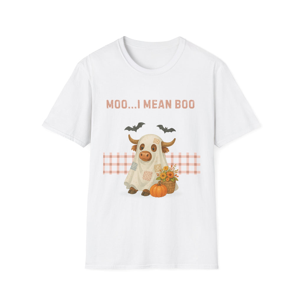 Halloween Highland Cow MOO I MEAN BOO T-Shirt, Cute patchwork ghost highland cow. Fall, Western, Halloween T-Shirt.