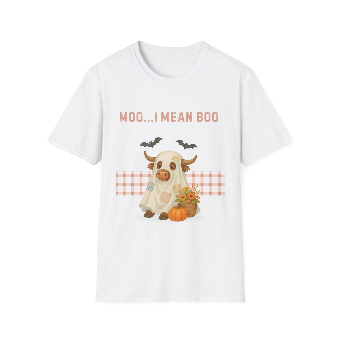 Halloween Highland Cow MOO I MEAN BOO T-Shirt, Cute patchwork ghost highland cow. Fall, Western, Halloween T-Shirt.