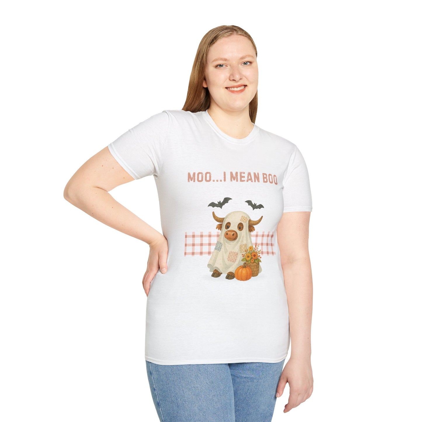 Halloween Highland Cow MOO I MEAN BOO T-Shirt, Cute patchwork ghost highland cow. Fall, Western, Halloween T-Shirt.