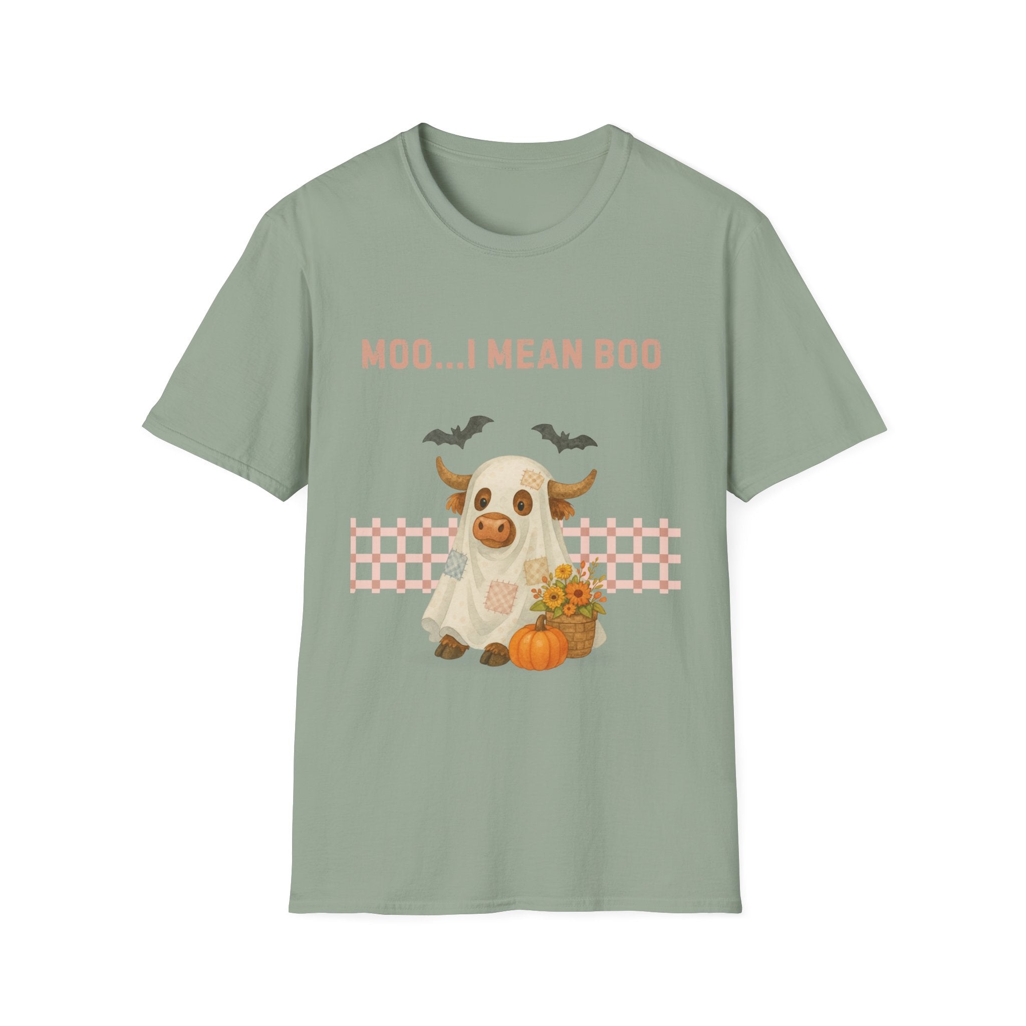 Halloween Highland Cow MOO I MEAN BOO T-Shirt, Cute patchwork ghost highland cow. Fall, Western, Halloween T-Shirt.