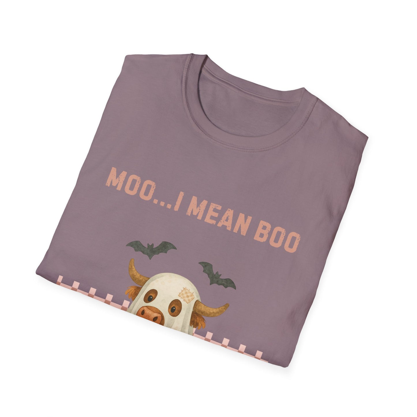 Halloween Highland Cow MOO I MEAN BOO T-Shirt, Cute patchwork ghost highland cow. Fall, Western, Halloween T-Shirt.