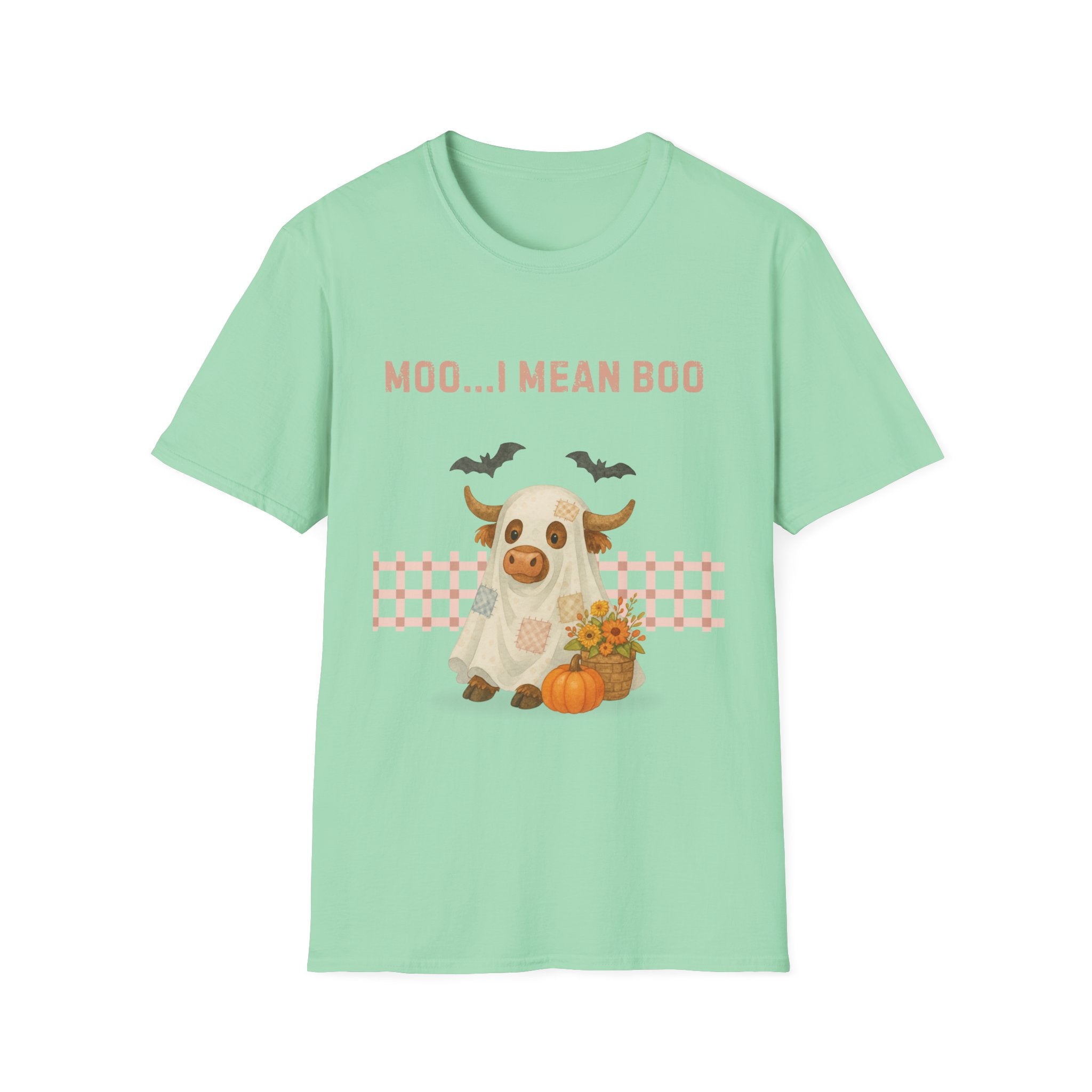 Halloween Highland Cow MOO I MEAN BOO T-Shirt, Cute patchwork ghost highland cow. Fall, Western, Halloween T-Shirt.
