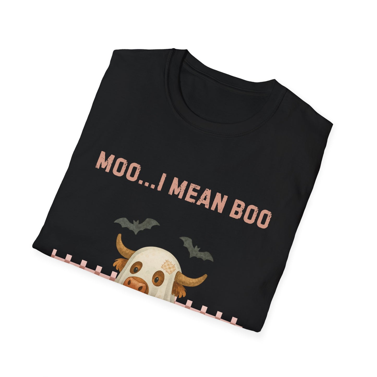 Halloween Highland Cow MOO I MEAN BOO T-Shirt, Cute patchwork ghost highland cow. Fall, Western, Halloween T-Shirt.