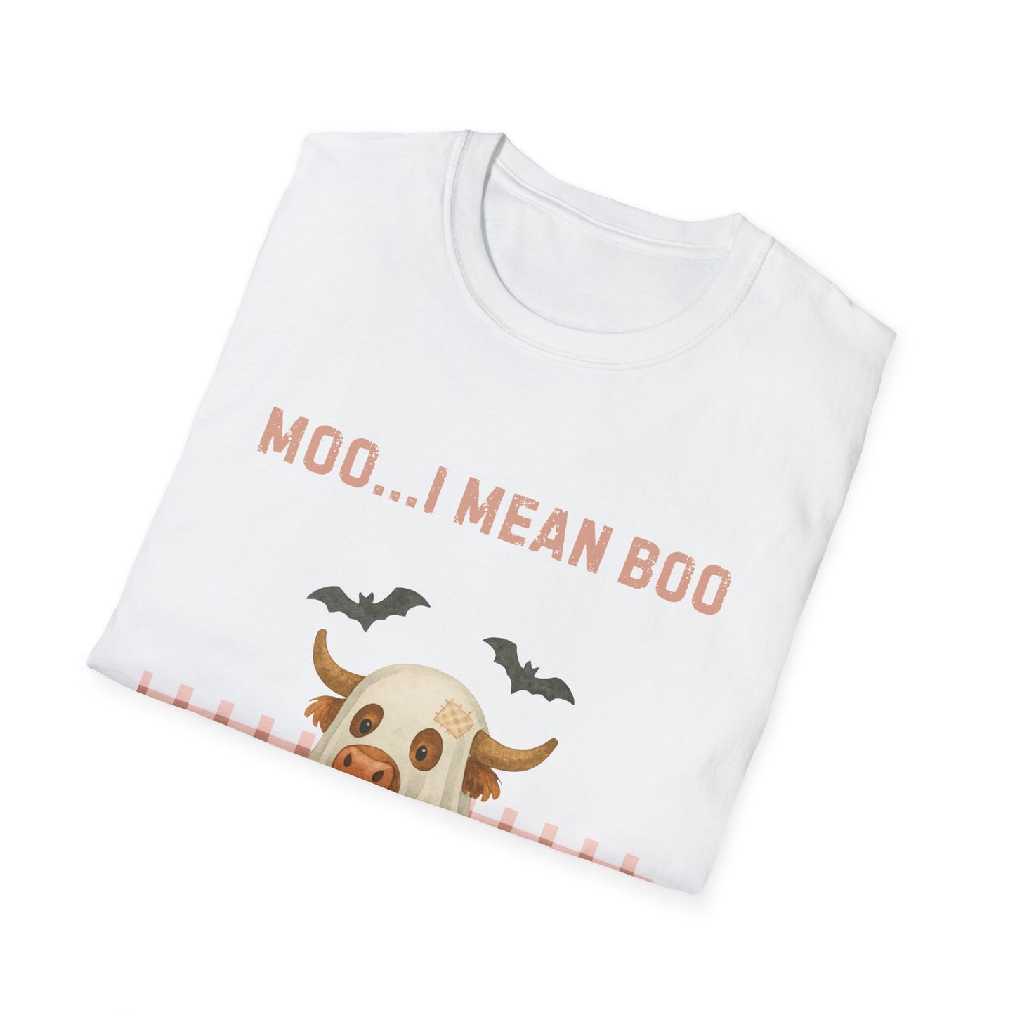 Halloween Highland Cow MOO I MEAN BOO T-Shirt, Cute patchwork ghost highland cow. Fall, Western, Halloween T-Shirt.