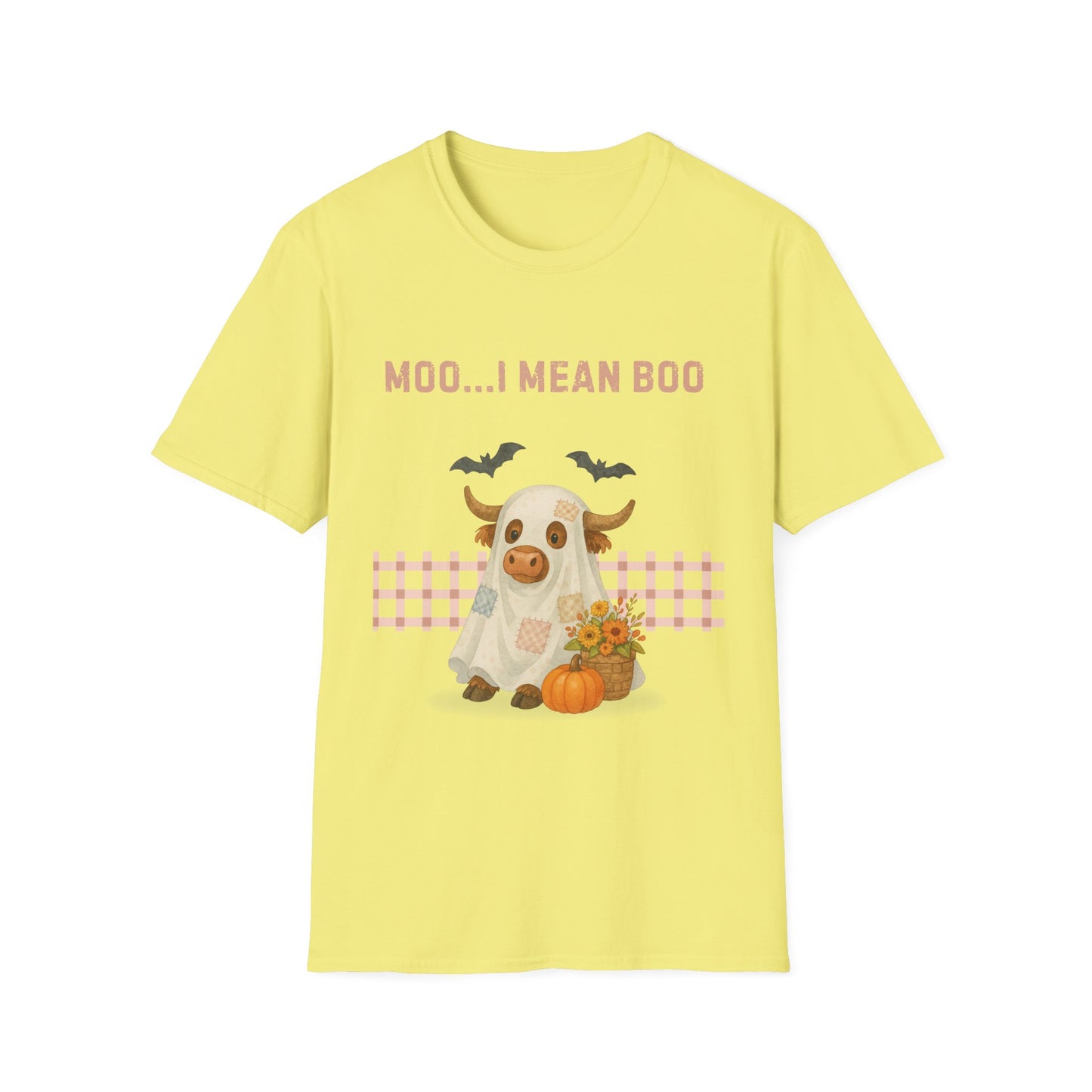 Halloween Highland Cow MOO I MEAN BOO T-Shirt, Cute patchwork ghost highland cow. Fall, Western, Halloween T-Shirt.